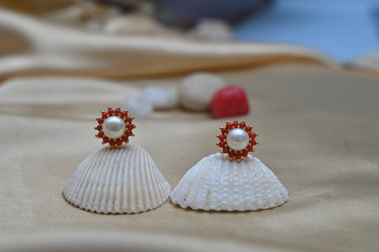 Coral Pearl Stud Earrings