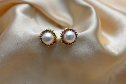 Ruby Emerald Pearl Earrings
