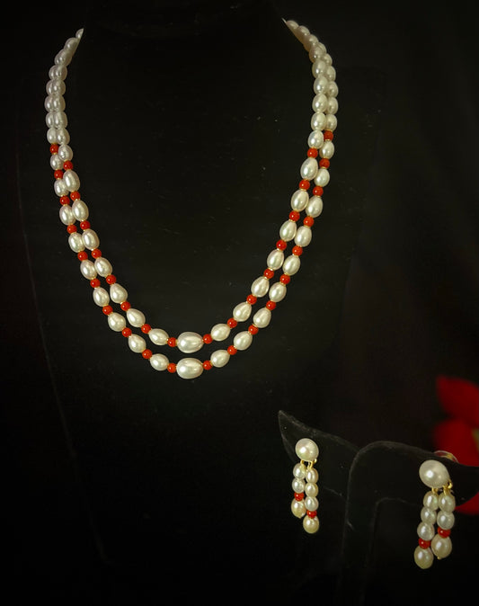 Double Layer Coral Pearl Necklace Set