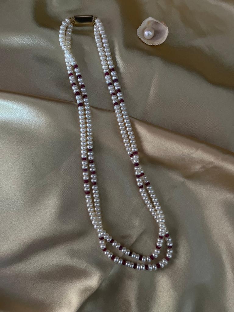Double layer Ruby Pearl Necklace Set